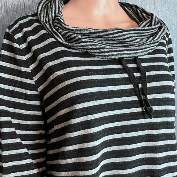 Soft Surroundings Blk/Wh Striped Tie Neck Top Med Hood Coastal Nautical Oversize - Picture 2 of 7